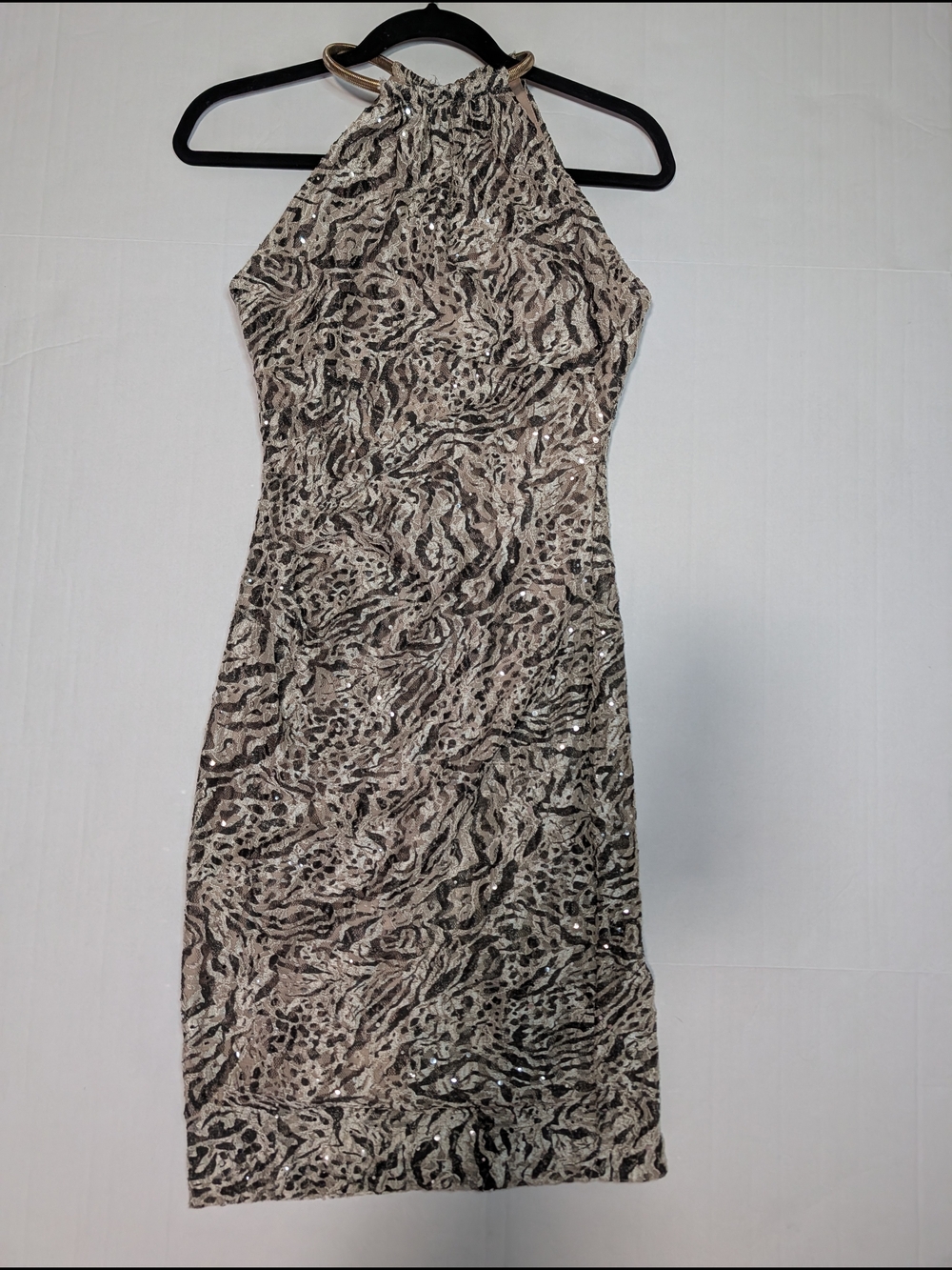 Xscape USA Cocktail Party Dress Gold Metal Halter Sparkle Sequin Animal, 6